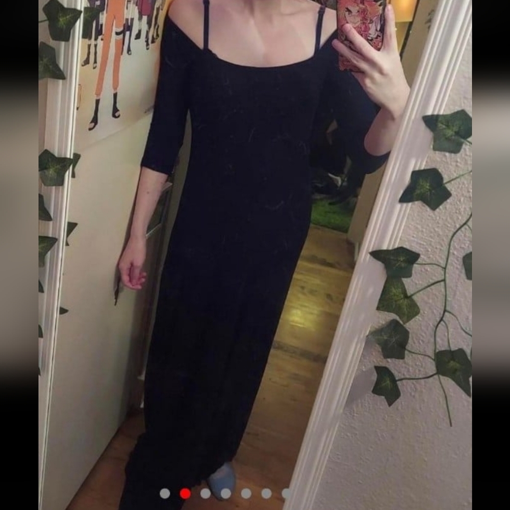 Off shoulder half sleeve black ruffle bottom maxi dress